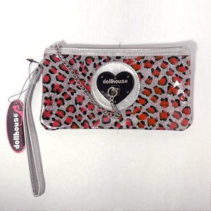 Dollhouse Pink Leopard Silver Glitter Wristlet Clutch